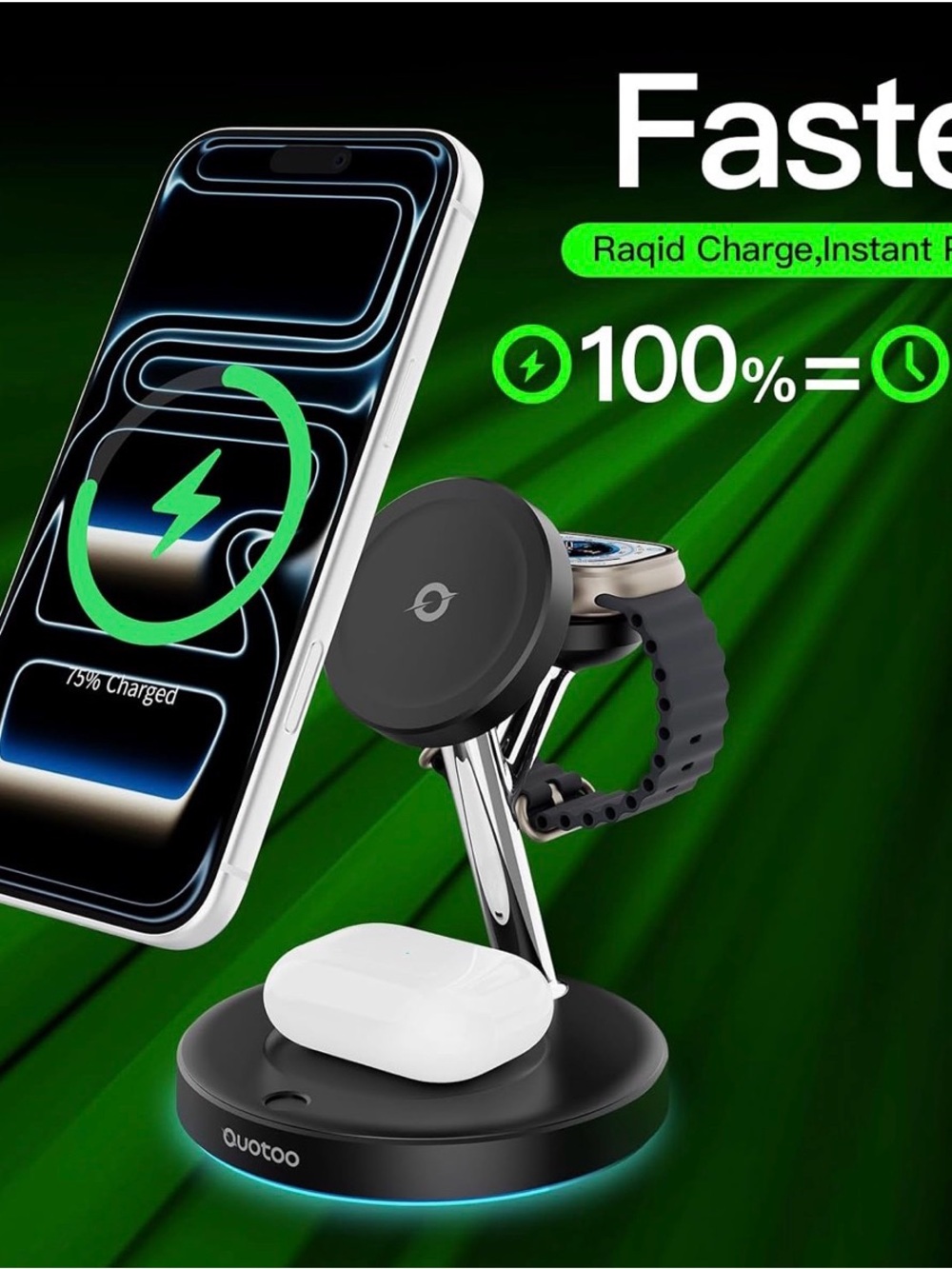 3-in-1 Black Wireless Charging Stand for Phone, Watch & Earbuds